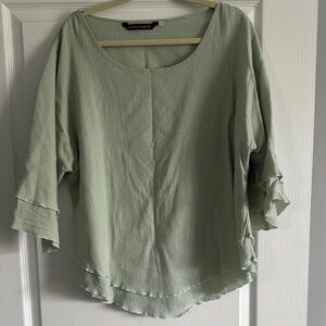 Art Attack Green Ruffled Gauze 3/4 Sleeve Blouse, XXL